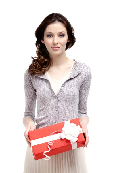 Young woman has a xmas gift — Stock Photo, Image