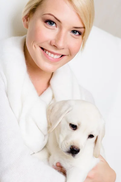 Purebred puppy sitting on the hands of woman — Stock Photo, Image