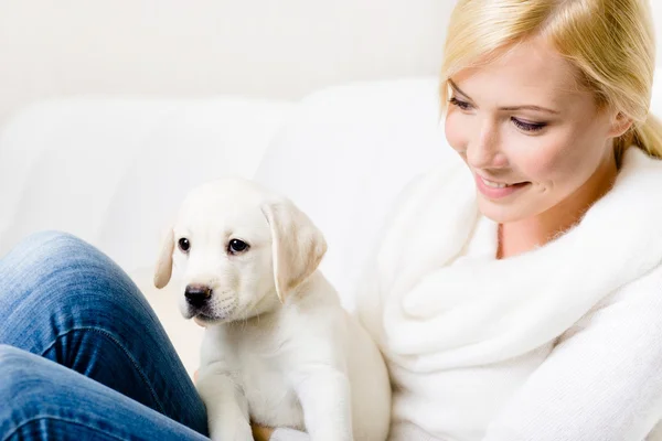 Close up of woman with puppy on her knees — Stock Photo, Image
