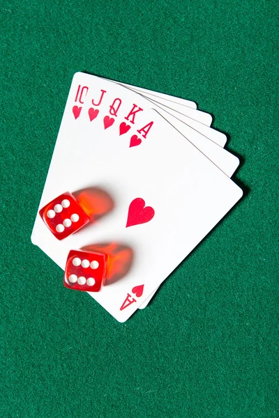 Royal Flush poker card sequence with dices — Stock Photo, Image