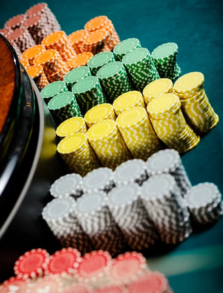 Close up of piles of chips near the roulette — Stock Photo, Image