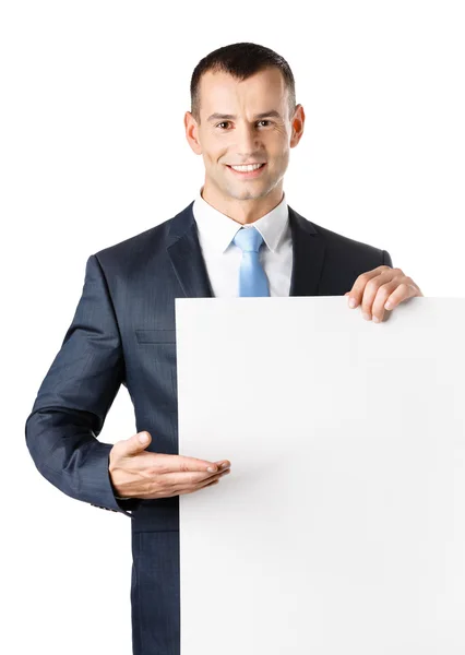 Office worker points at paper copy space — Stock Photo, Image