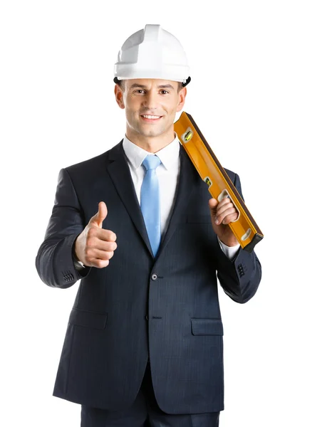 Engineer with level thumbs up — Stock Photo, Image