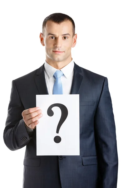 Empresário entrega papel com ponto de interrogação — Fotografia de Stock