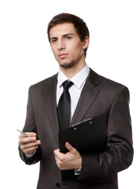 adam klasör kağıt ve kalem tutan