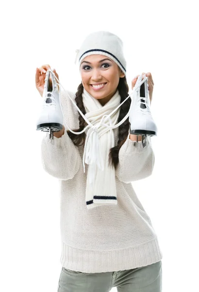 Mulher figura patinadora detém patins — Fotografia de Stock