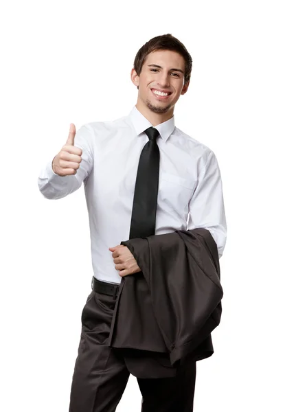 Keeping his jacket man thumbs up — Stock Photo, Image