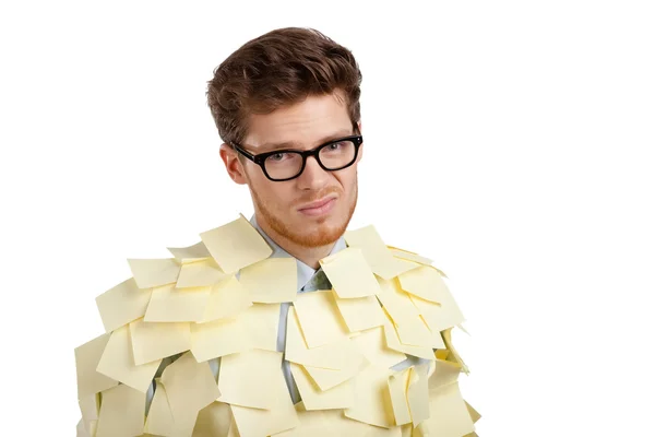 Sad man with a glasses covered with yellow sticky notes — Stock Photo, Image