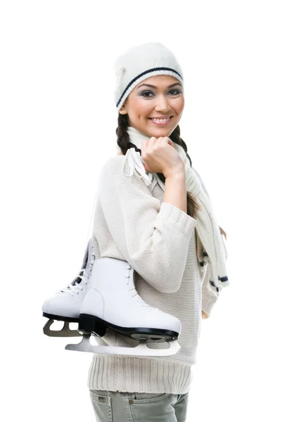 Female figure skater hands skates — Stock Photo, Image