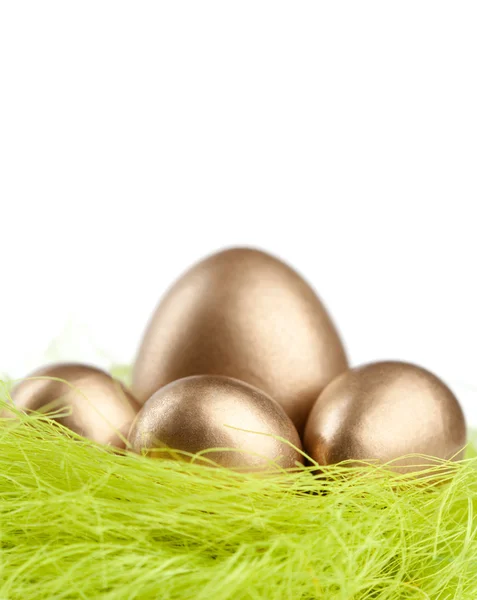 Goldene Eier im Nest aus grünem Sisalmaterial — Stockfoto