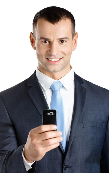 Empresario en traje y corbata azul tomando fotos con teléfono, aislado en blanco — Foto de Stock