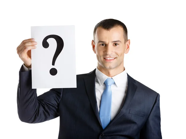 Hombre de negocios manos papel con signo de interrogación —  Fotos de Stock