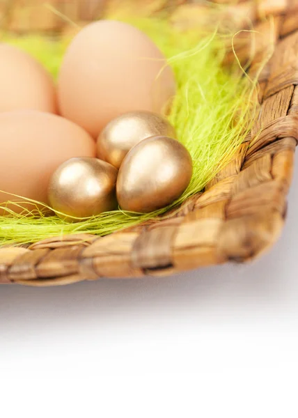 Colored easter eggs are on braided plate — Stock Photo, Image