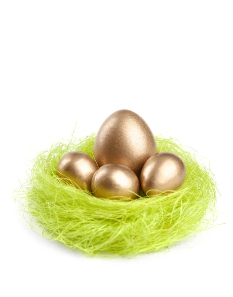 Золотые яйца в гнезде из зеленого сизального волокна — стоковое фото