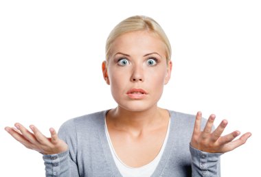 Worried woman spread hands clipart