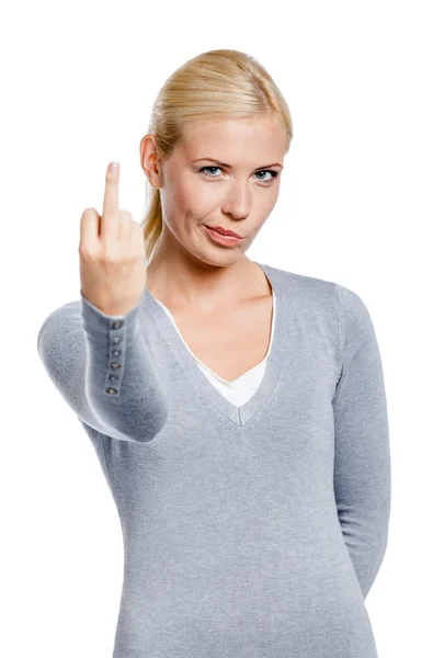 Woman showing vulgar gesture — Stock Photo, Image