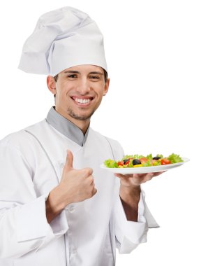 Şef Aşçı salatası yemek başparmak yukarıya ile