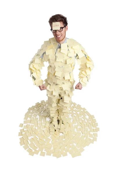 Wide angle shot of young man with a sticky notes — Stock Photo, Image