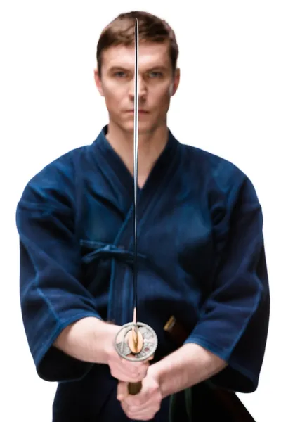 Kendoka in hakama training with sword — Stock Photo, Image