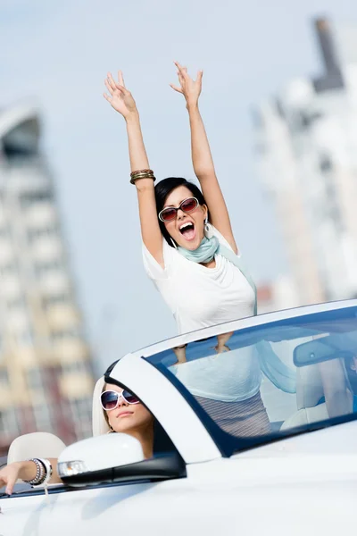 Lovely teenager with her hands up in the car Stock Picture