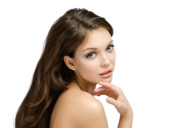 Portrait of naked girl touching her faultless face clipart