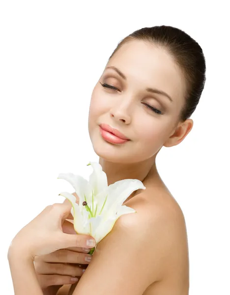 Portrait of nude girl with white lily and eyes closed — Stock Photo, Image