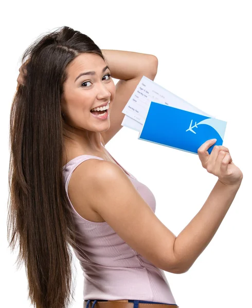 Female tourist handing airline ticket — Stock Photo, Image