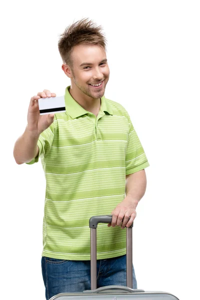 Man with travel suitcase and credit card — Stock Photo, Image