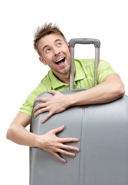 Portrait of tourist embracing travel suitcase — Stock Photo, Image