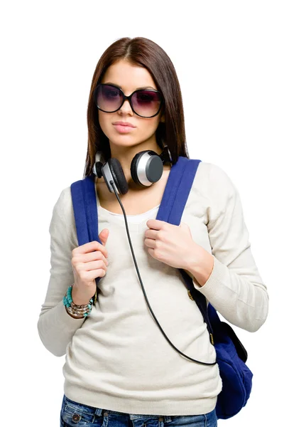 Adolescente com mochila e fones de ouvido — Fotografia de Stock