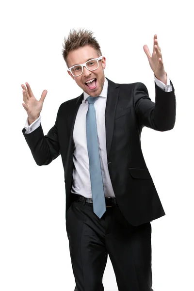 Charismatischer Geschäftsmann mit Brille und erhobenen Händen — Stockfoto