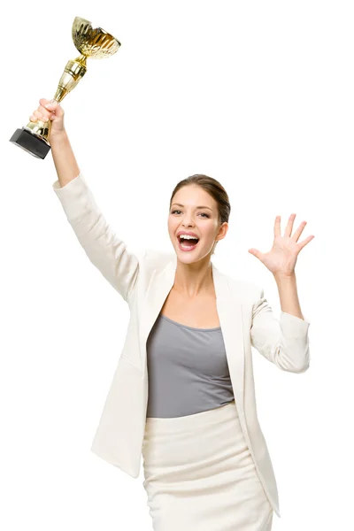 Retrato de mulher de negócios feliz com copo de ouro — Fotografia de Stock