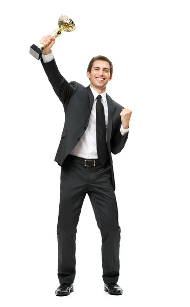 Full-length portrait of business man with gold cup — Stock Photo, Image