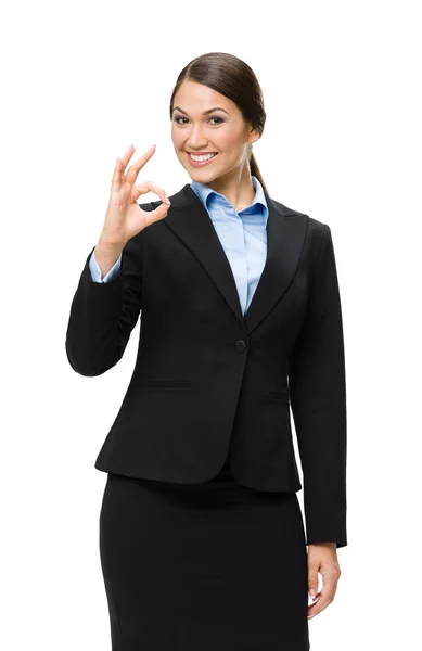 Retrato de media longitud de la mujer de negocios ok gesto — Foto de Stock