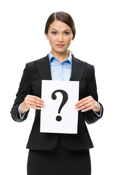 Half-length portrait of businesswoman with question mark — Stock Photo, Image