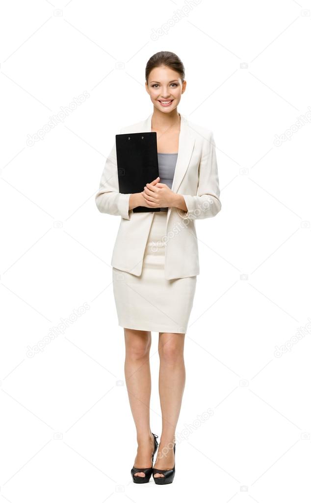 Full-length portrait of businesswoman with documents