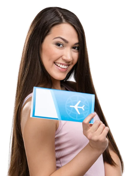 Feminino turista bilhete de entrega — Fotografia de Stock