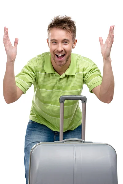 Hands up man with travel suitcase — Stockfoto