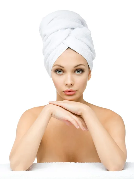 Girl with towel on head props the head — Stock Photo, Image