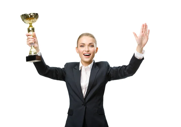 Affärskvinna hålla gold cup — Stockfoto