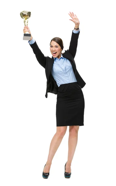 Full length portrait of businesswoman with cup — Stock Photo, Image