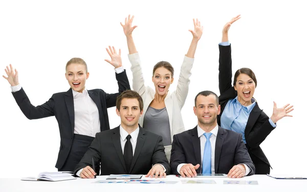 Group of business people with hands up — Stock Photo, Image