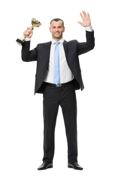 Retrato completo de hombre de negocios con copa de oro — Foto de Stock