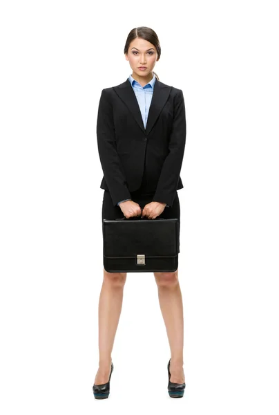 Full-length Portret van zakenvrouw met lederen draagtas — Stockfoto