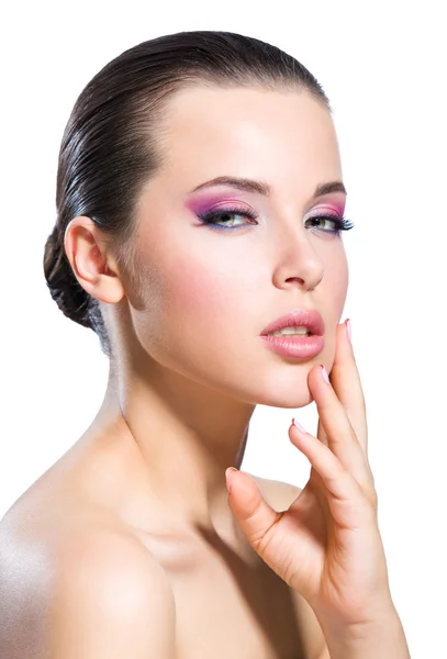Naken tjej med ljusa rosa make-up — Stockfoto