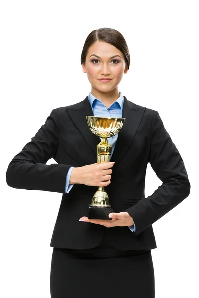 Retrato de meio comprimento do gerente feminino com copo dourado — Fotografia de Stock