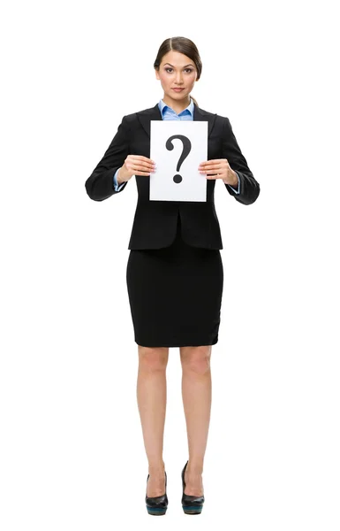 Full-length of businesswoman handing question mark — Stock Photo, Image