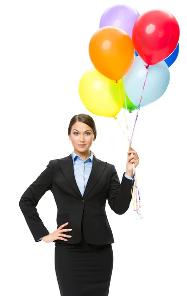 Porträtt av kvinnliga verkställande hålla färgglada ballonger — Stockfoto
