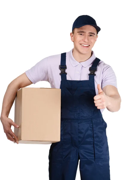 Εργάτης με φόρμες χέρια ένα κουτί — Φωτογραφία Αρχείου