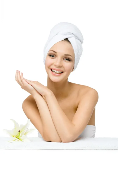 Girl with towel on head — Stock Photo, Image
